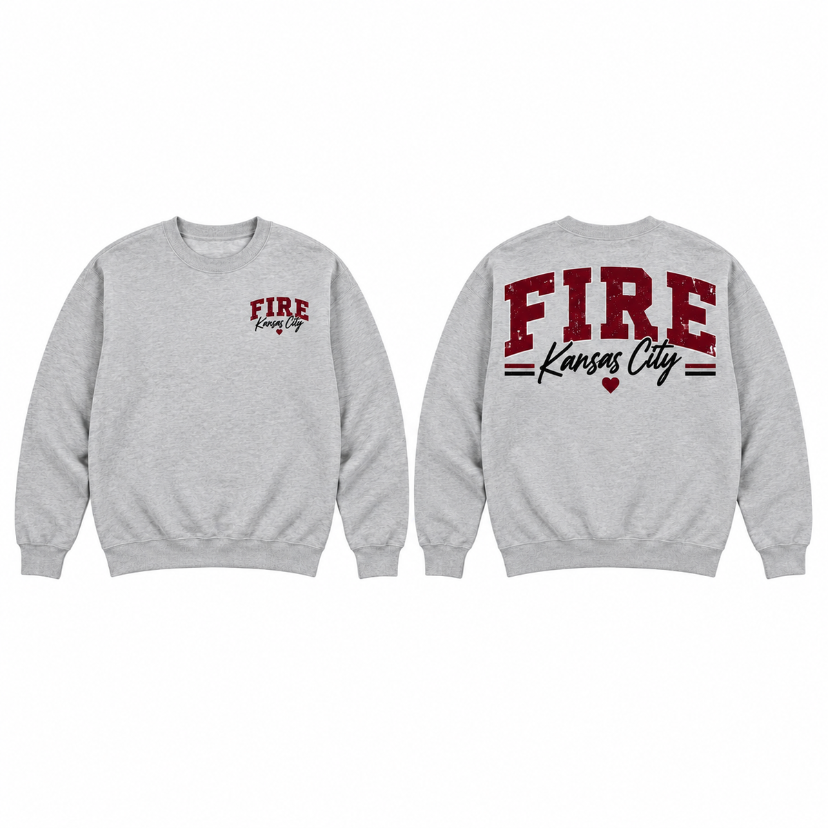 Full front and back views of Kansas City Fire Grey crewneck, square catalog image