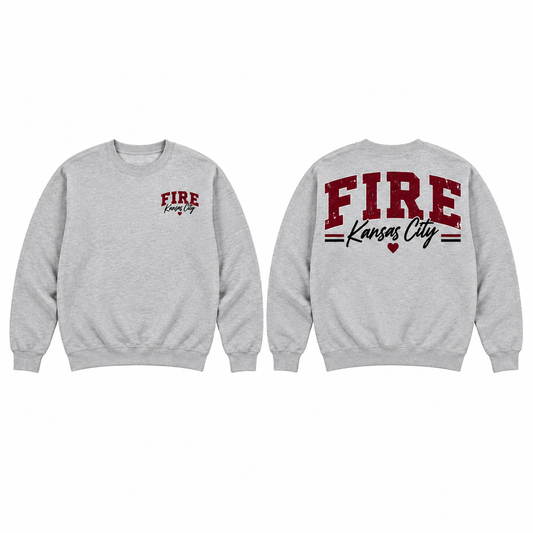 Full front and back views of Kansas City Fire Grey crewneck, square catalog image